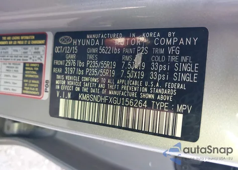 2016 Hyundai Santa Fe Se from USA, damaged, VIN KM8SNDHFXGU156264